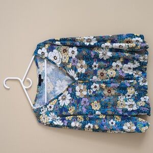 Medium Eclair Floral Flower Top Blue Purple Button Front Shirt